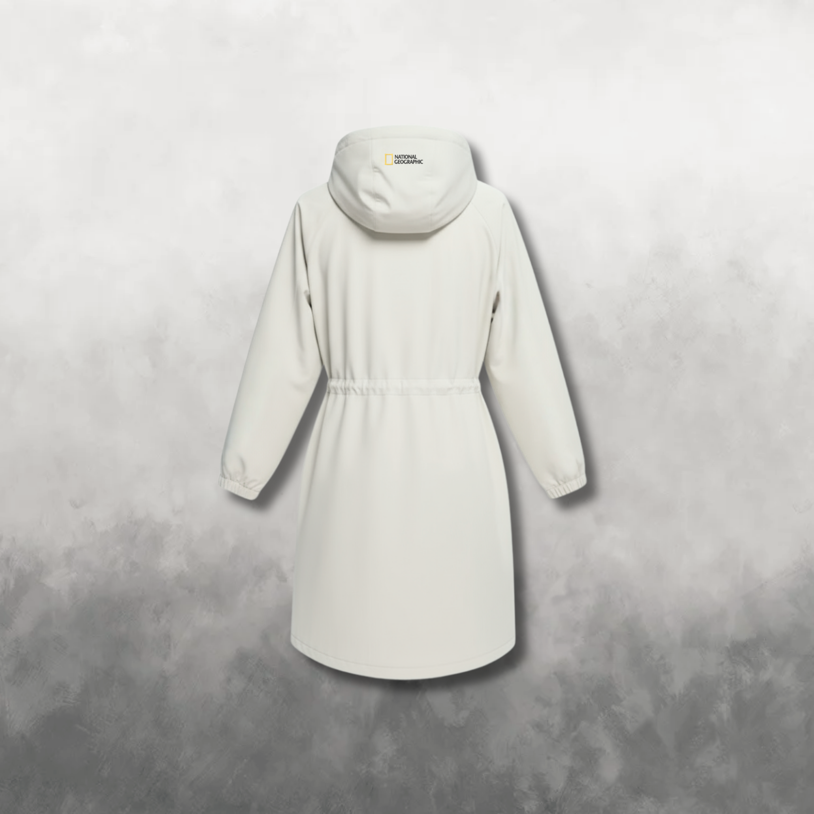 Back view of a white woven dress with a hood on a gray background