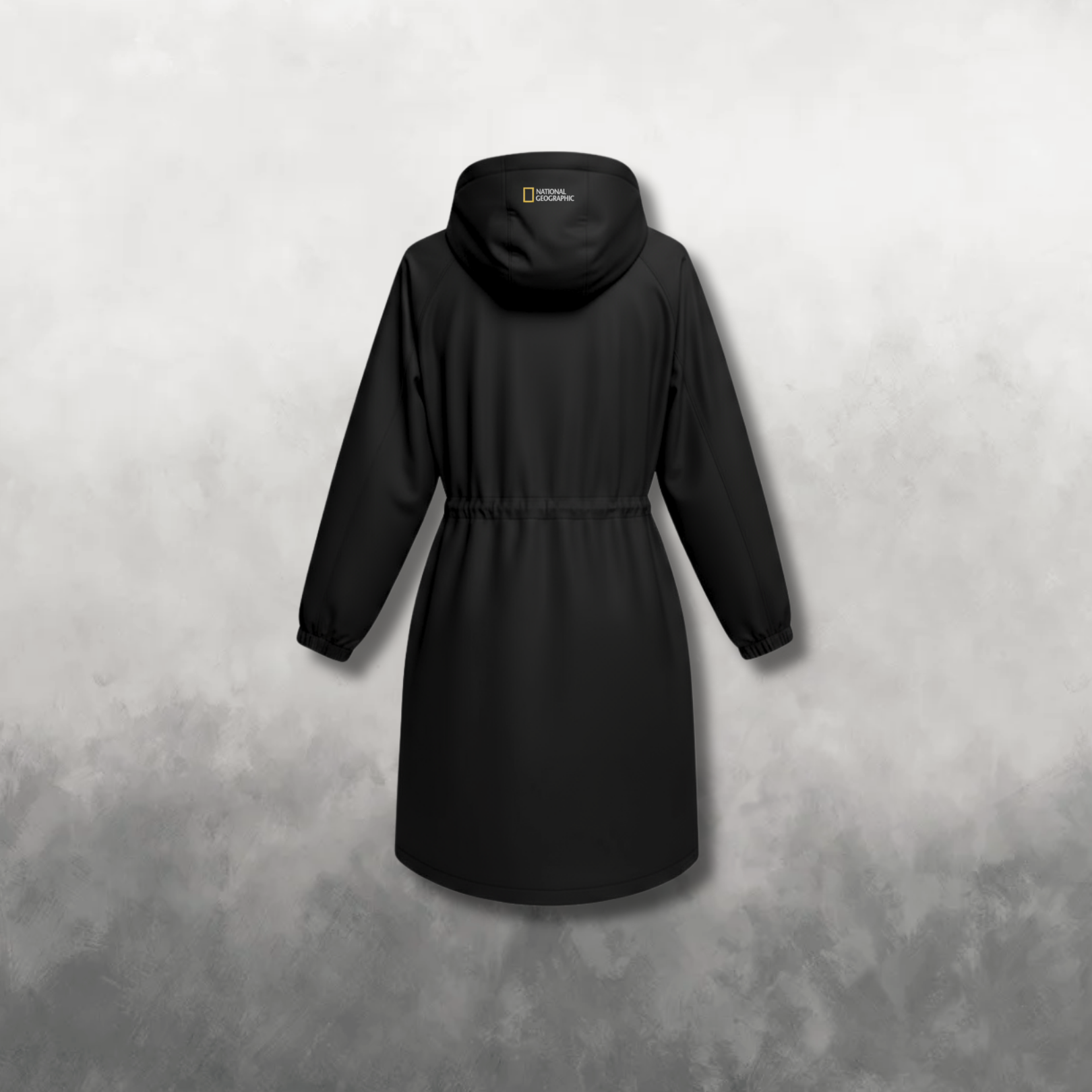 Back view of a black woven dress with a hood on a gray background