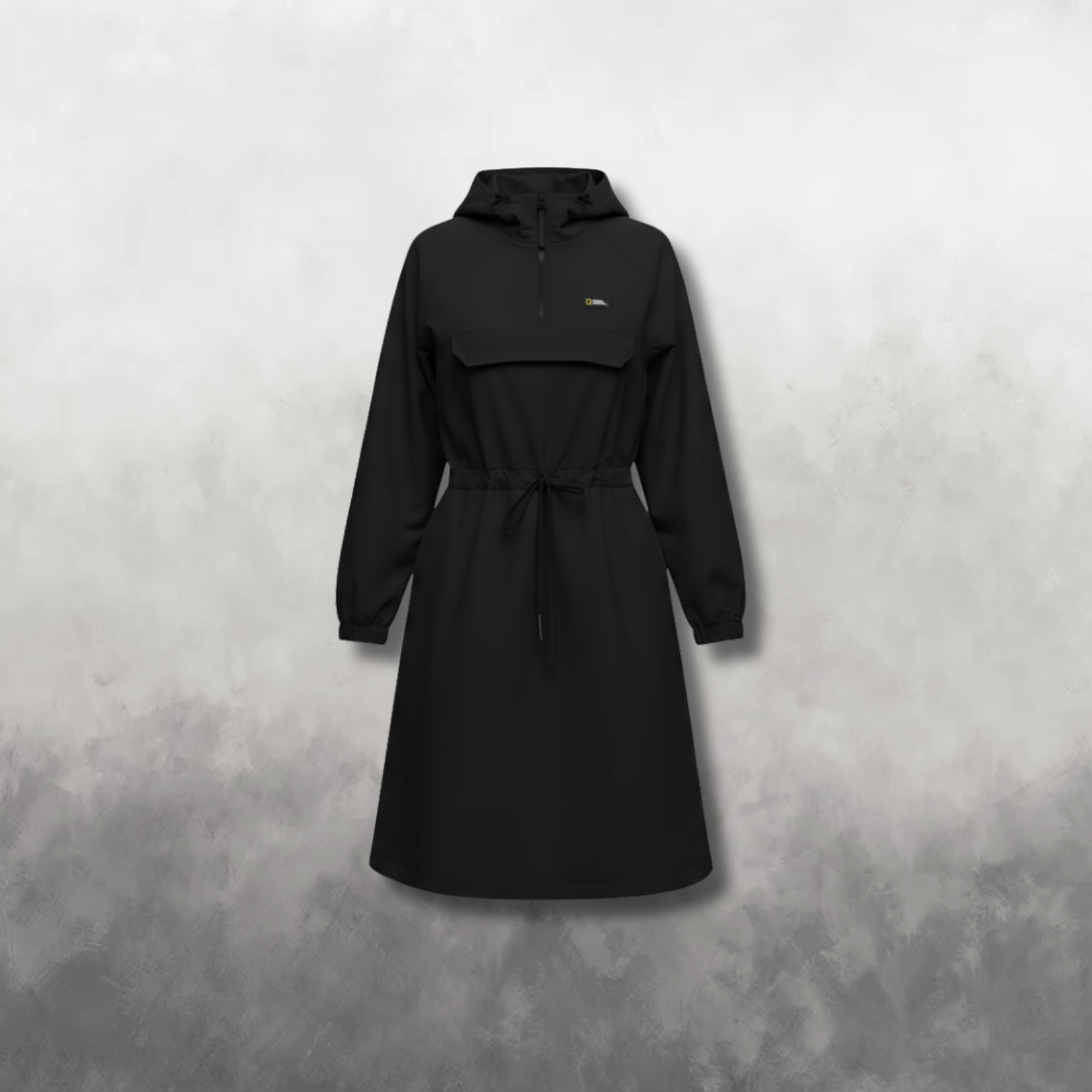 Black woven dress on a textured gray background