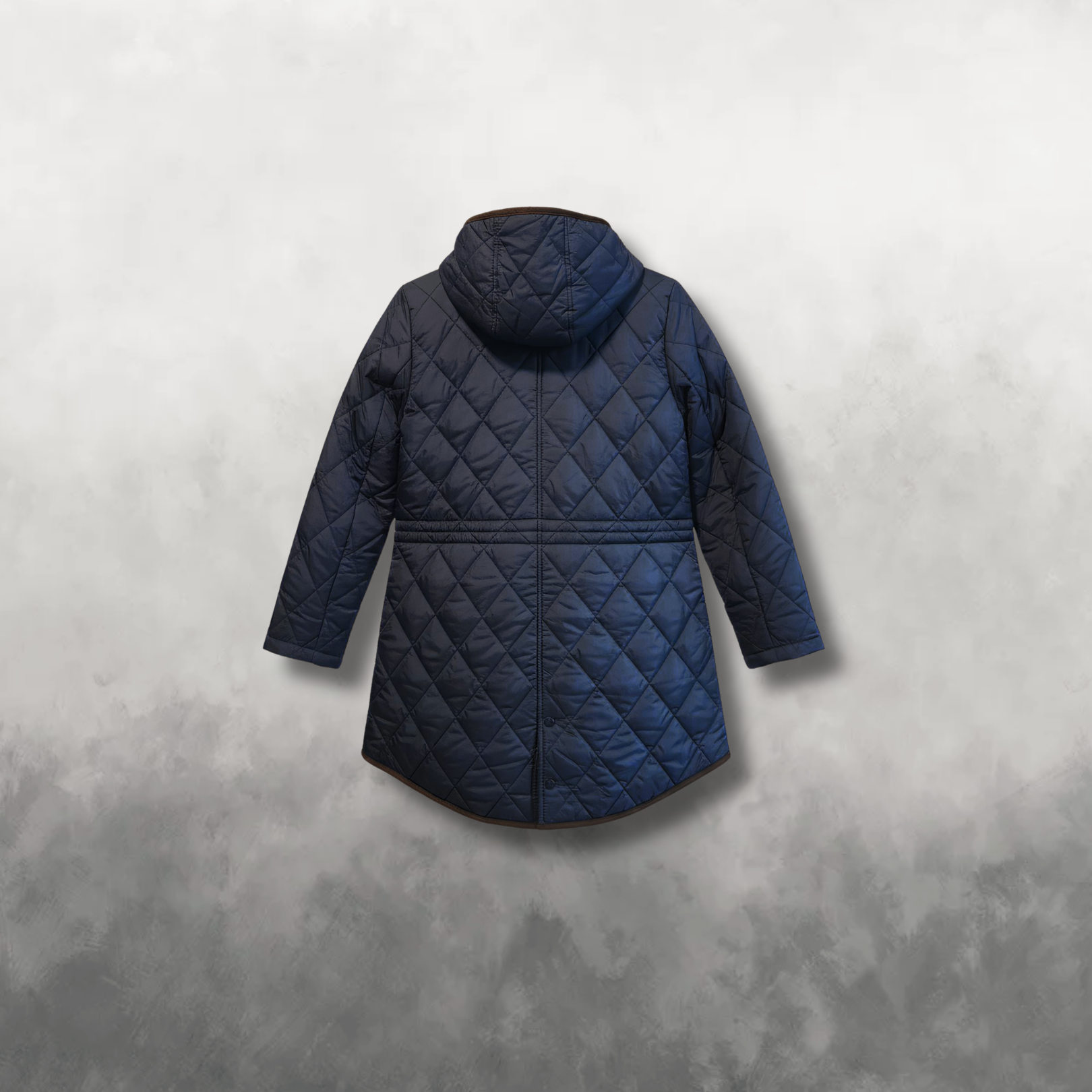 Blue quilted jacket on a gray background