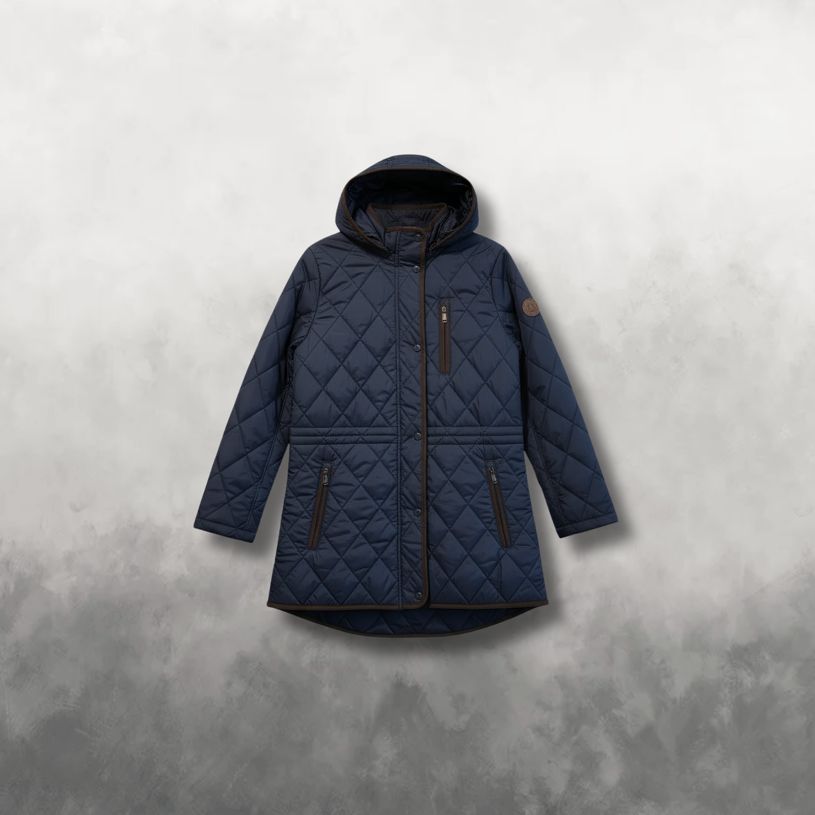 Blue quilted jacket on a gray background
