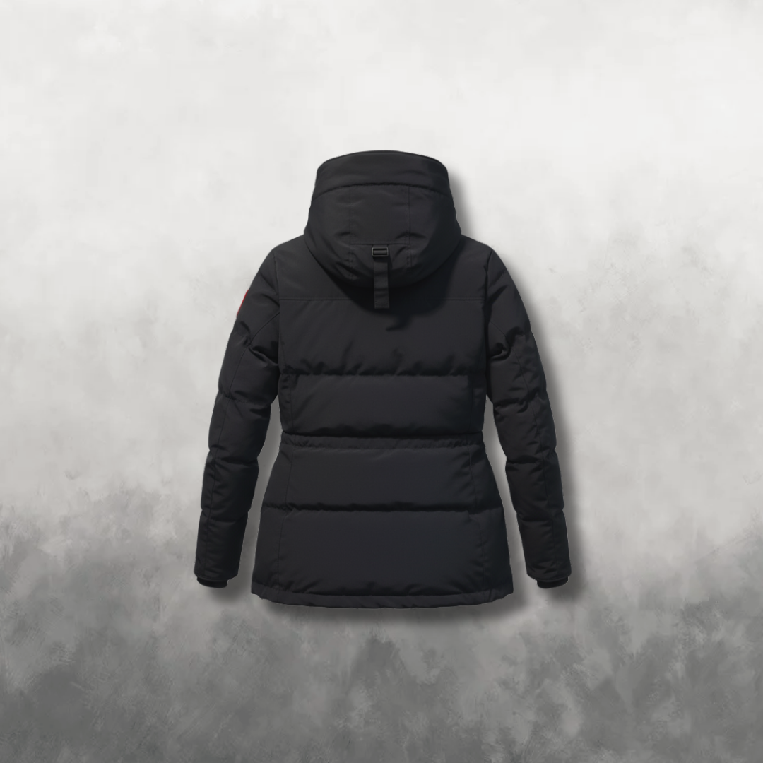 Back view of a black parka jacket on a gray background
