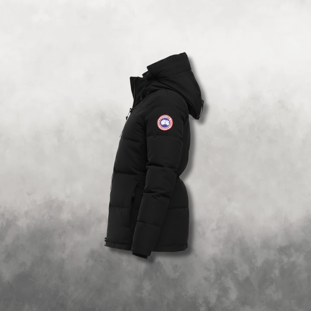 Side view of a black Canada Goose parka jacket with a brand logo on a gray background