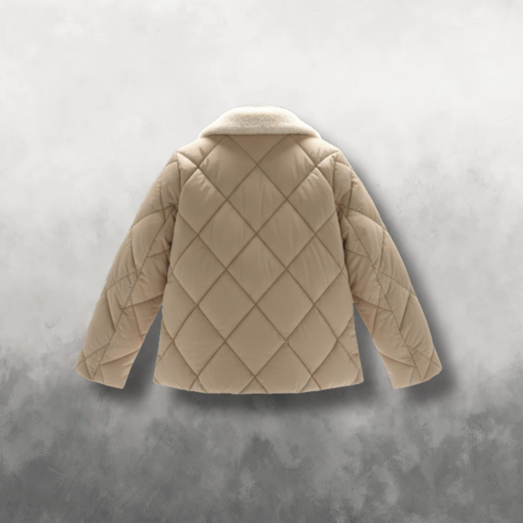 Back view of a beige quilted jacket on a textured gray background