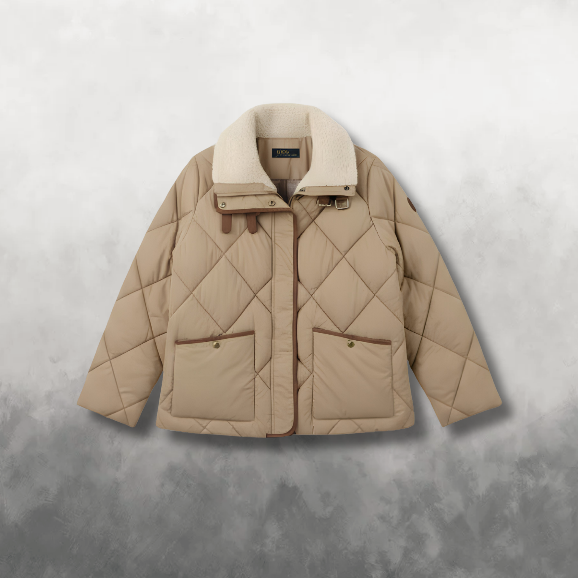 Beige quilted jacket with white fur lining on a gray background