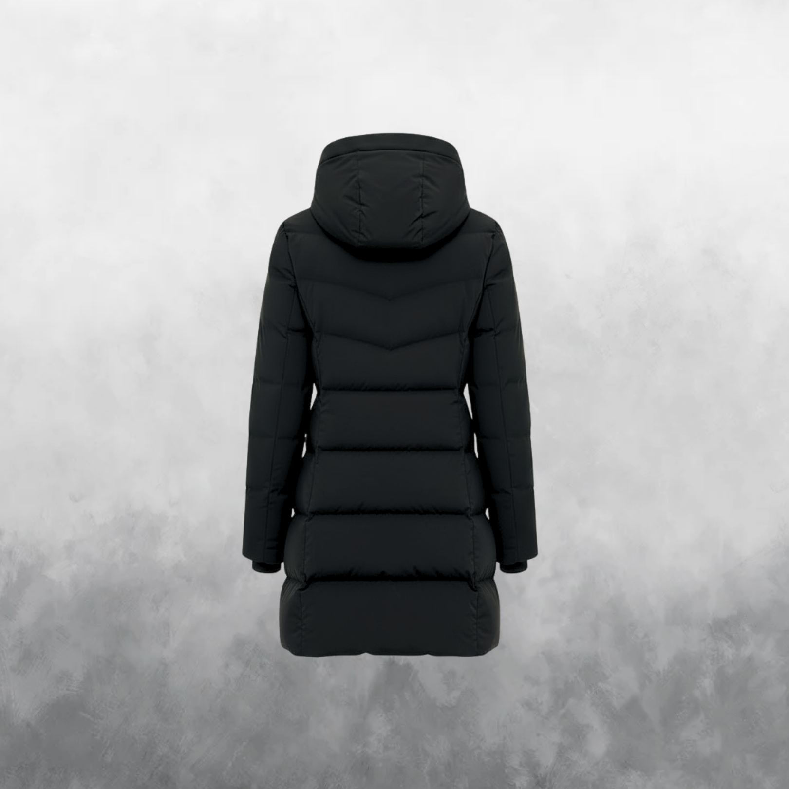 Black puffer coat on a gray background