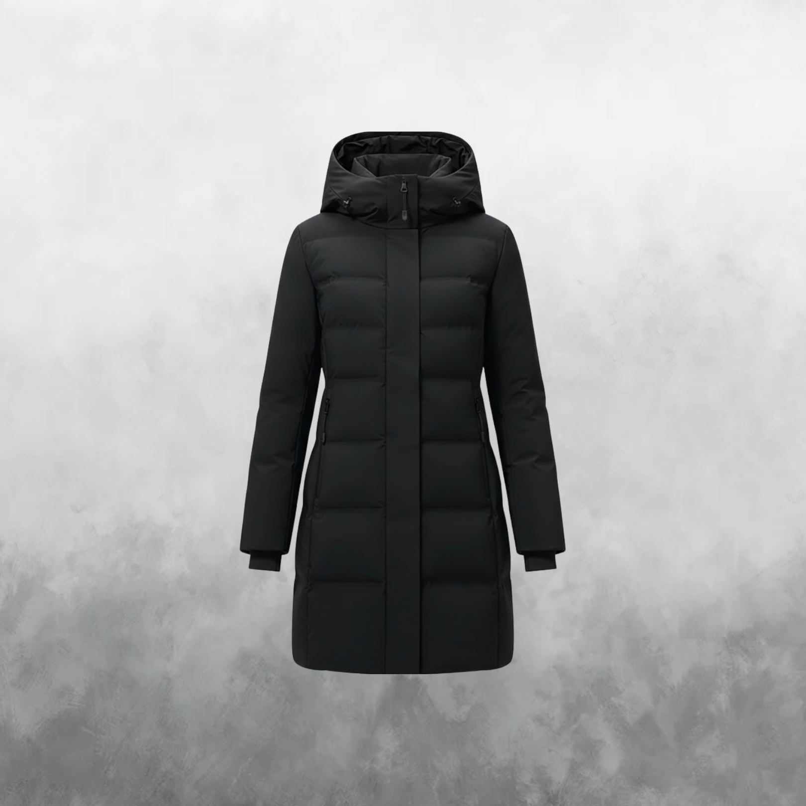 Black puffer coat on a light gray background