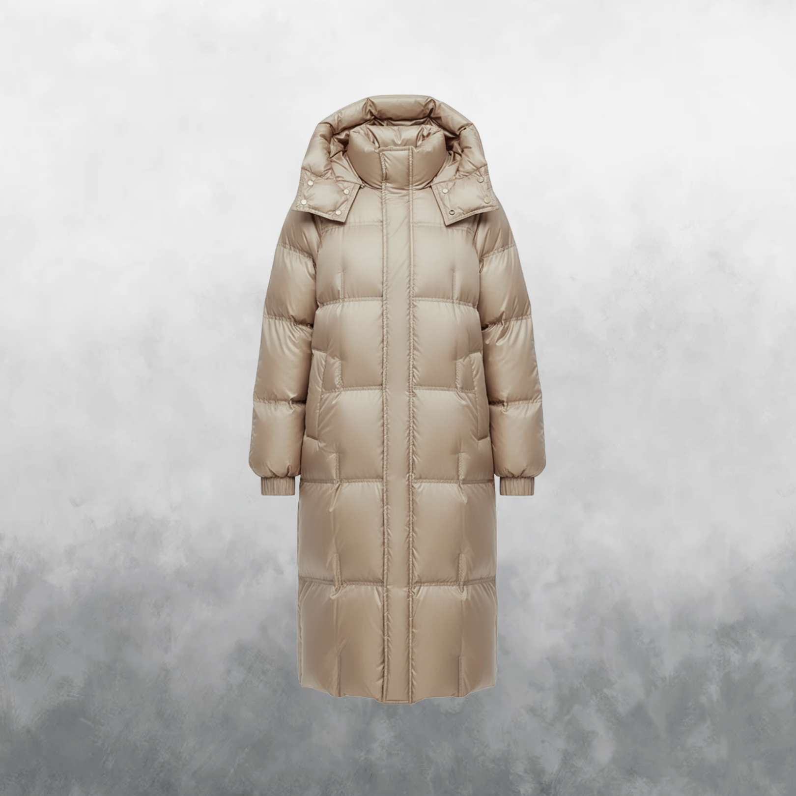 Beige puffer coat on a textured gray background