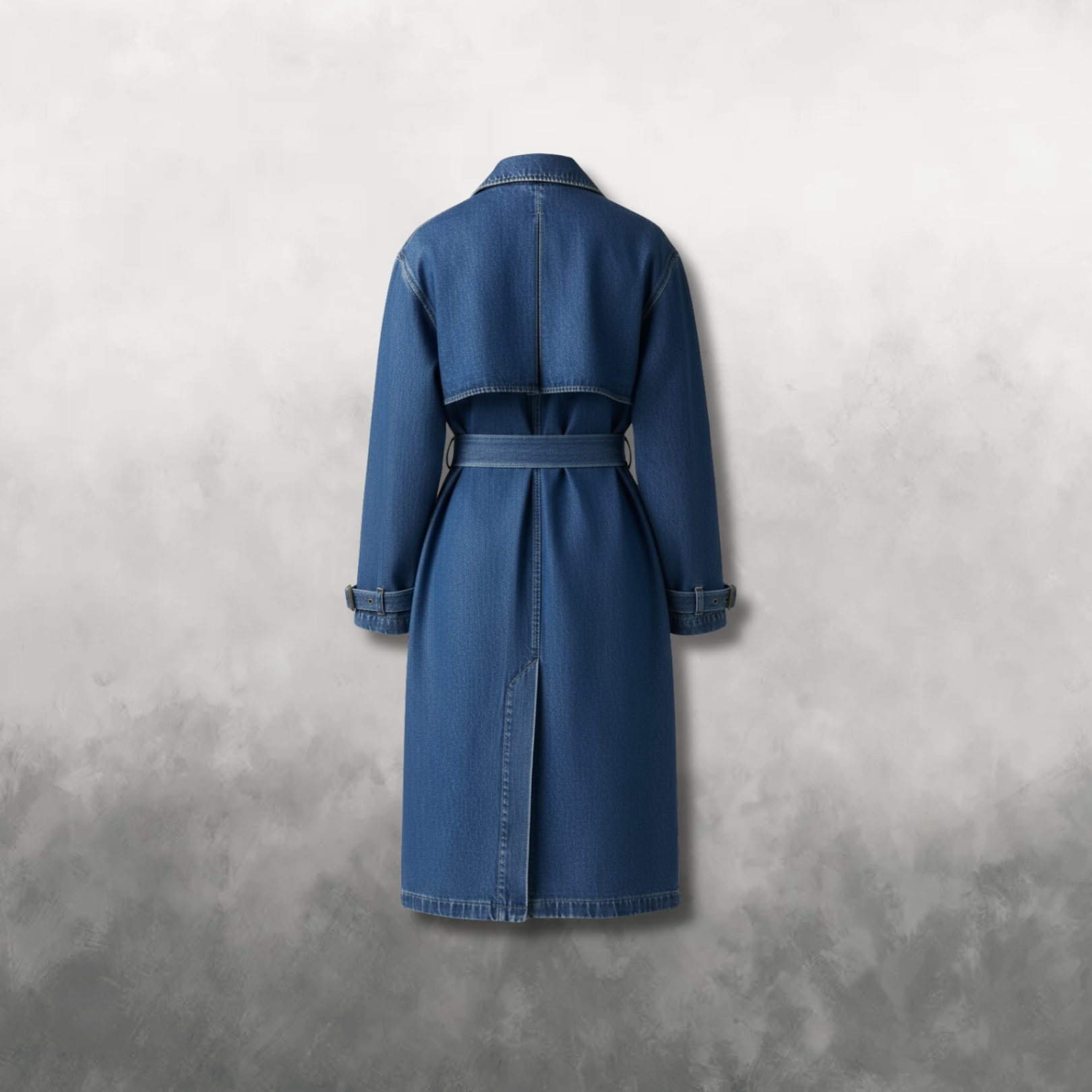 Back view of a blue denim coat on a textured gray background