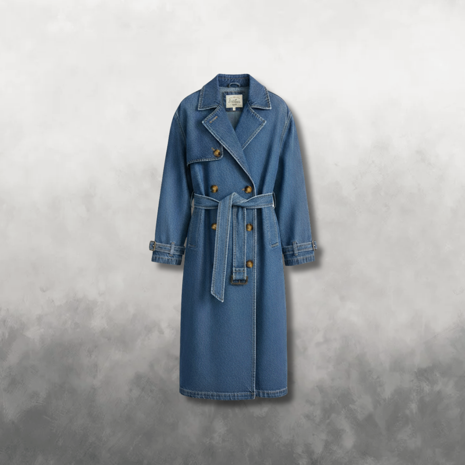 Blue denim coat with a belt on a gray background