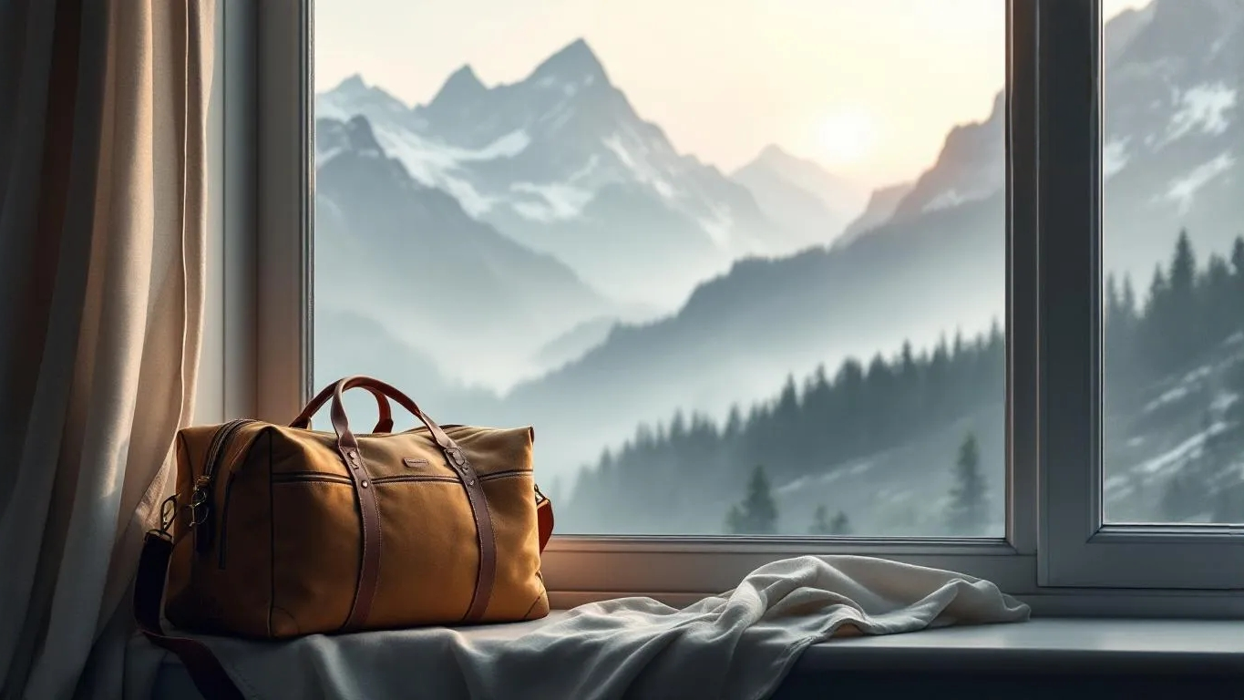 Brown leather bag sits atop a windowsill