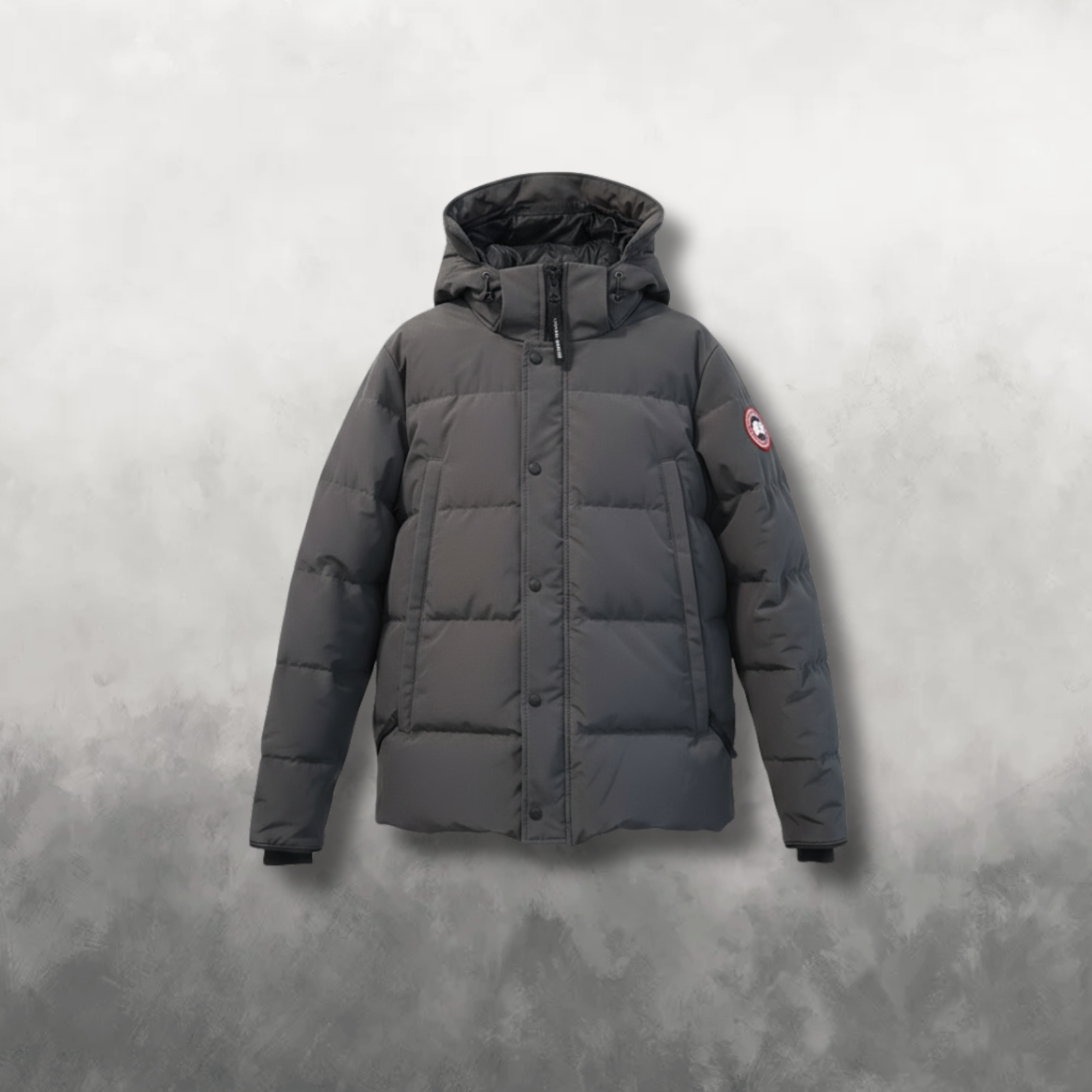 Gray Canada Goose parka jacket with a brand logo on a gray background