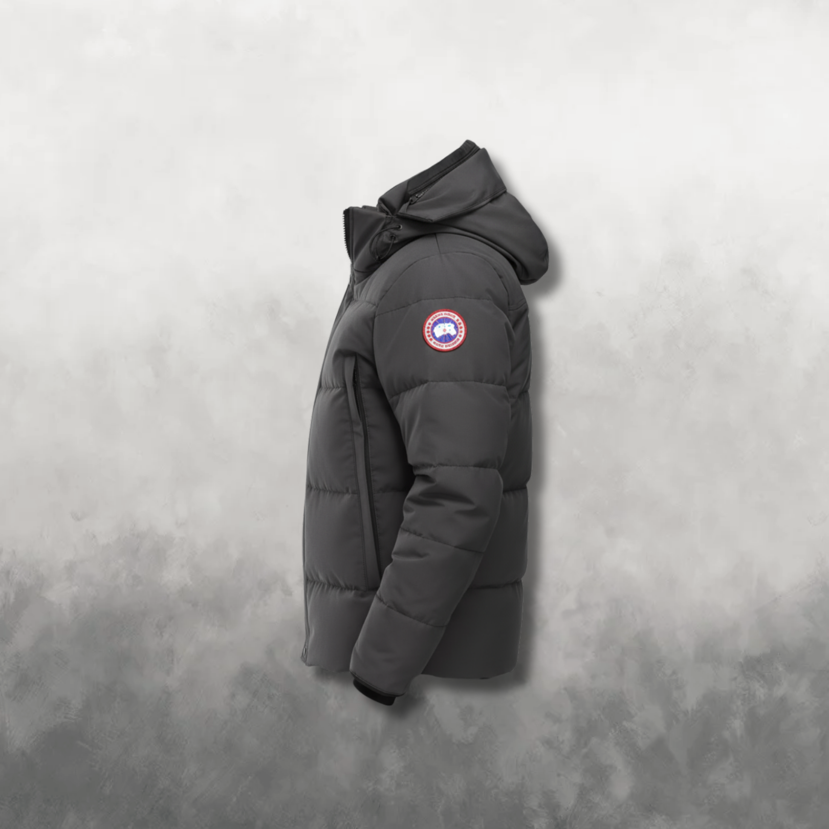 Side view of a gray parka jacket with a canada goose brand logo on a gray background