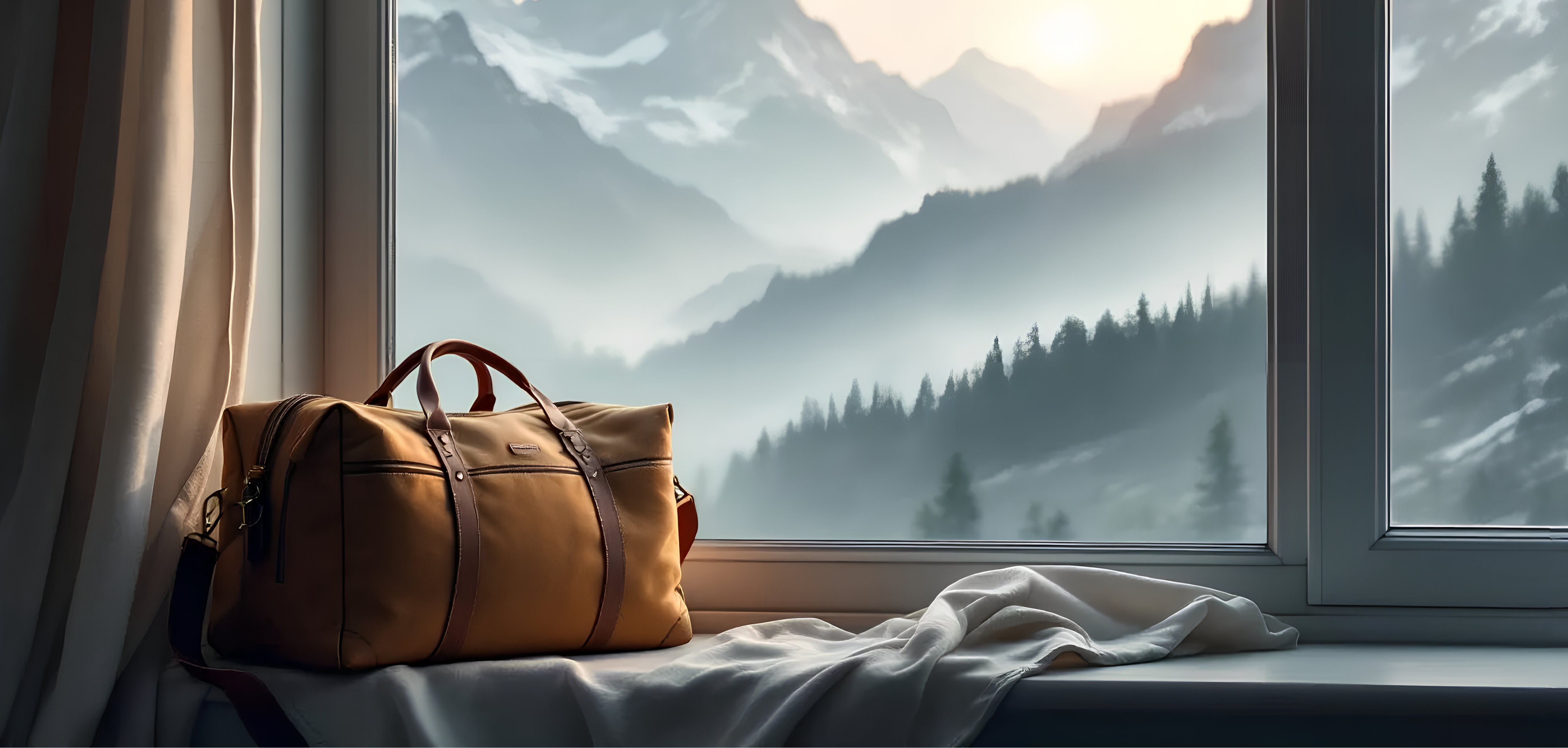 Brown duffel bag on a windowsill with a scenic view of mountains and trees.
