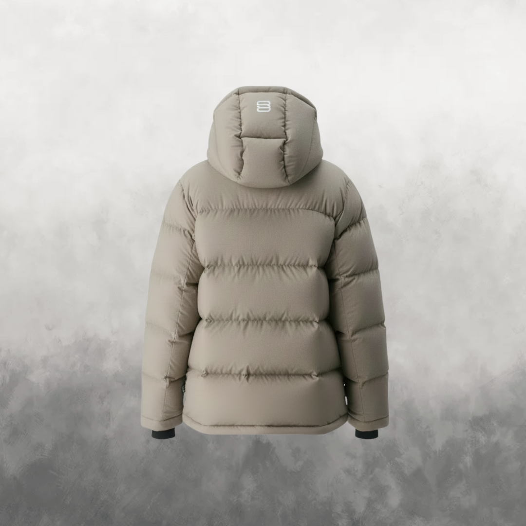 The Super Puff Hooded Down in Modern Taupe