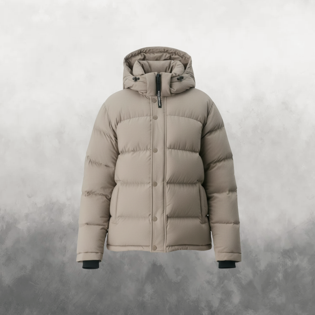 The Super Puff Hooded Down in Modern Taupe