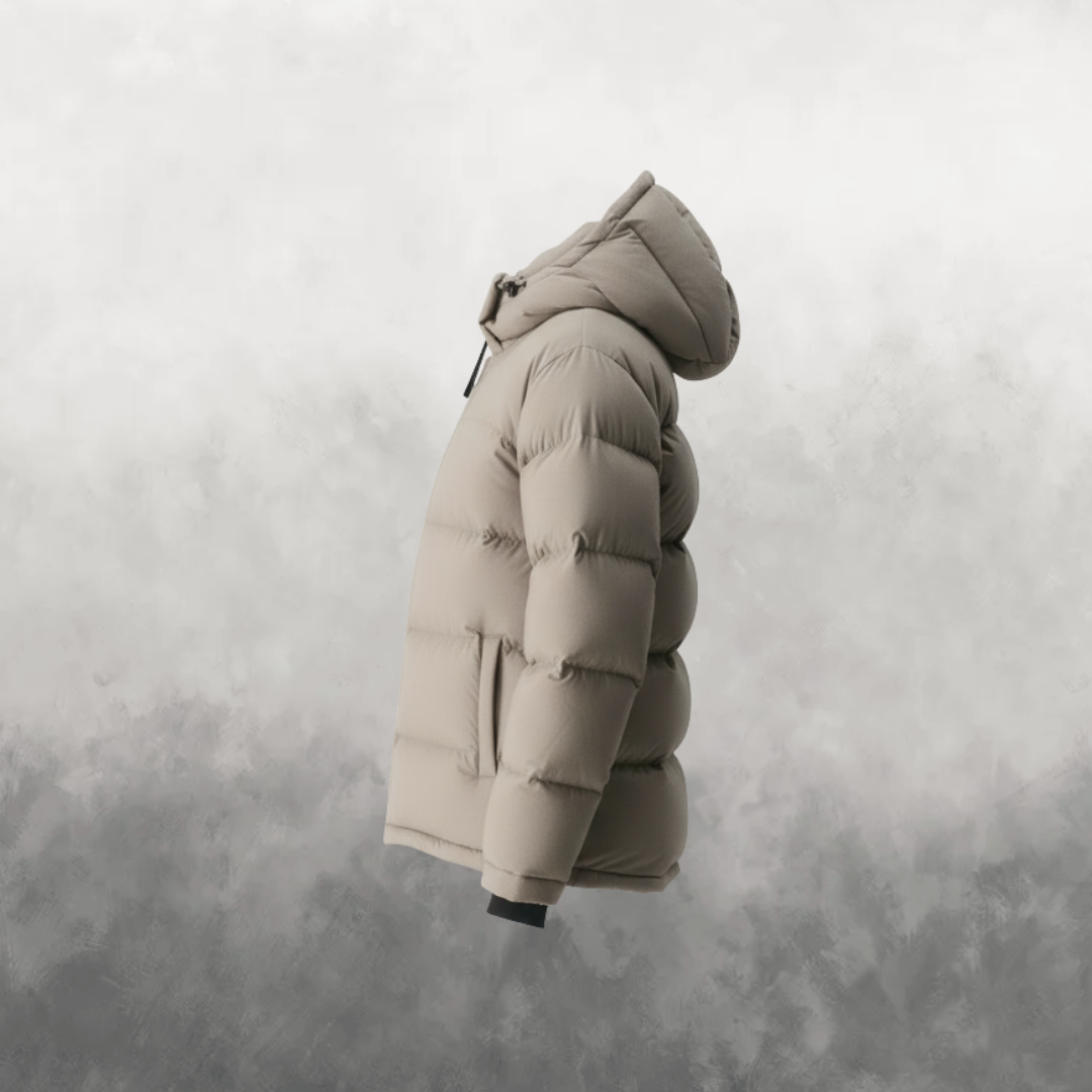 The Super Puff Hooded Down in Modern Taupe