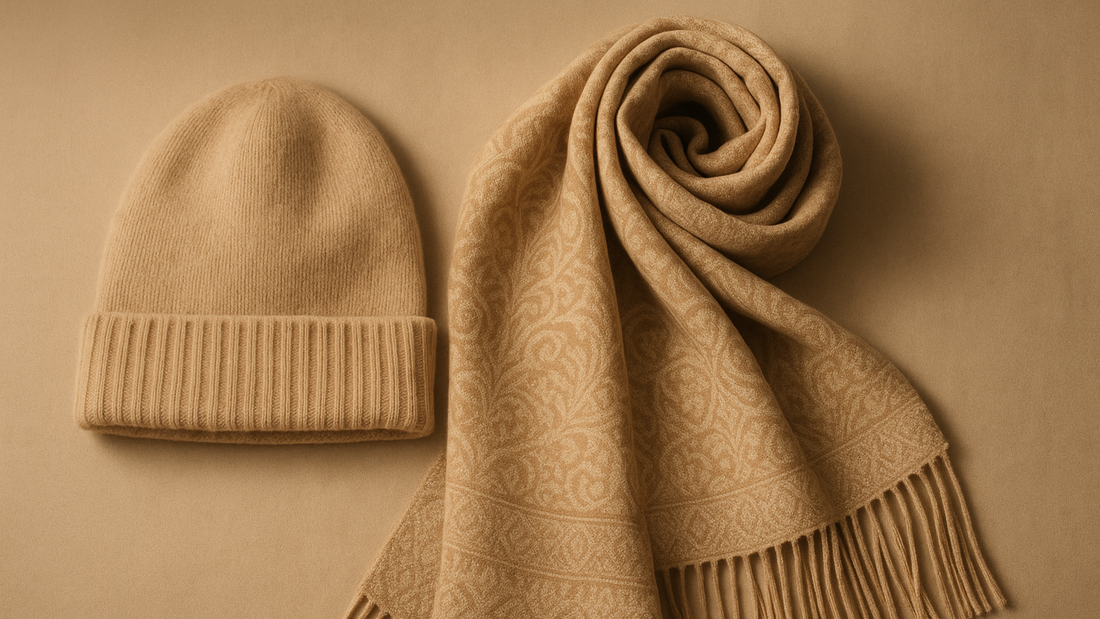 16:9 image of a cashmere beanie and a jacquard scarf set