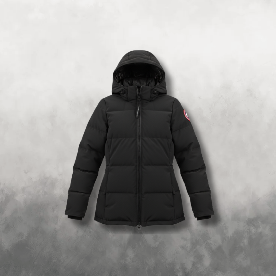 Black Canada Goose parka jacket on a gray background