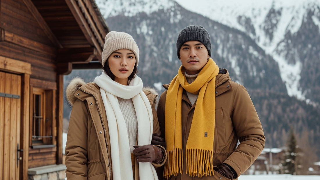 Two people standing in front of a wooden cabin with snow-covered mountains in the background.