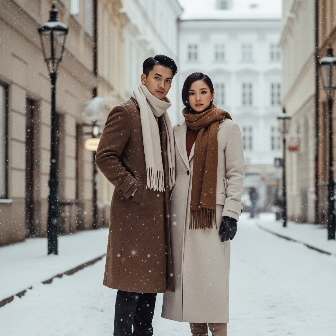 Couple dressed in coat and scarves on a snowy street