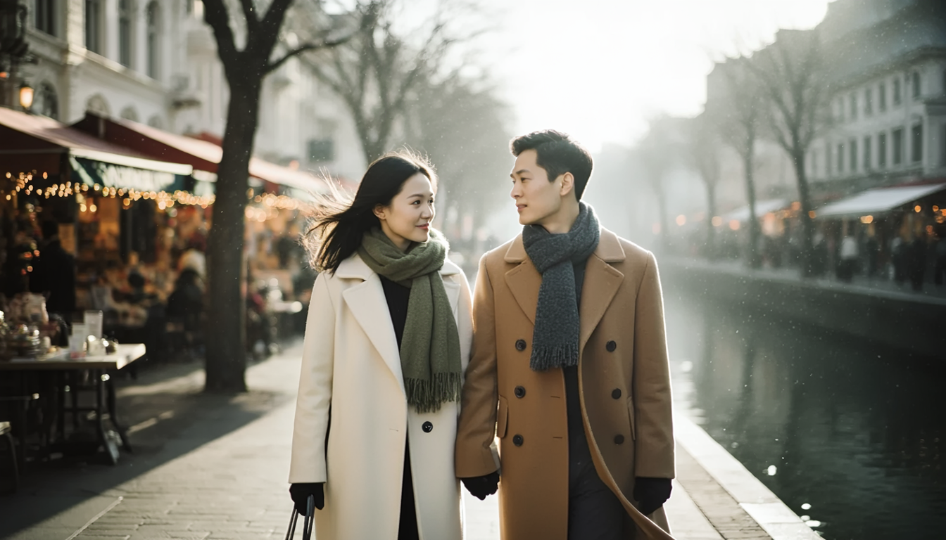 Two people walking along a canal in a city setting with market stalls in the background.
