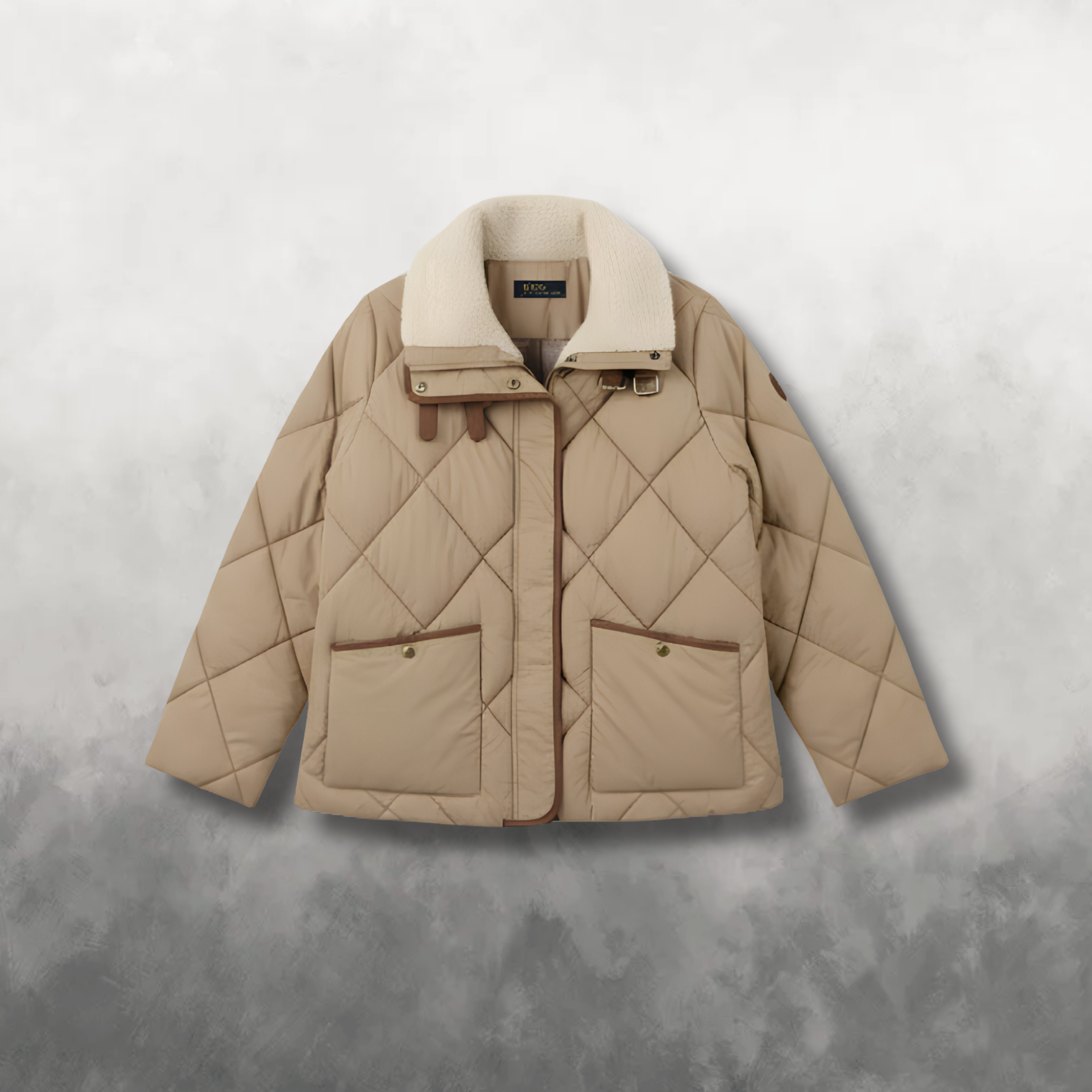 Beige quilted jacket with white fur lining on a gray background