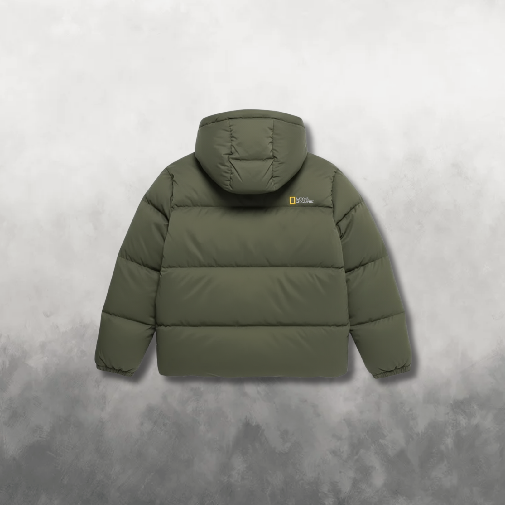 Back view of a green puffer jacket on a gray background