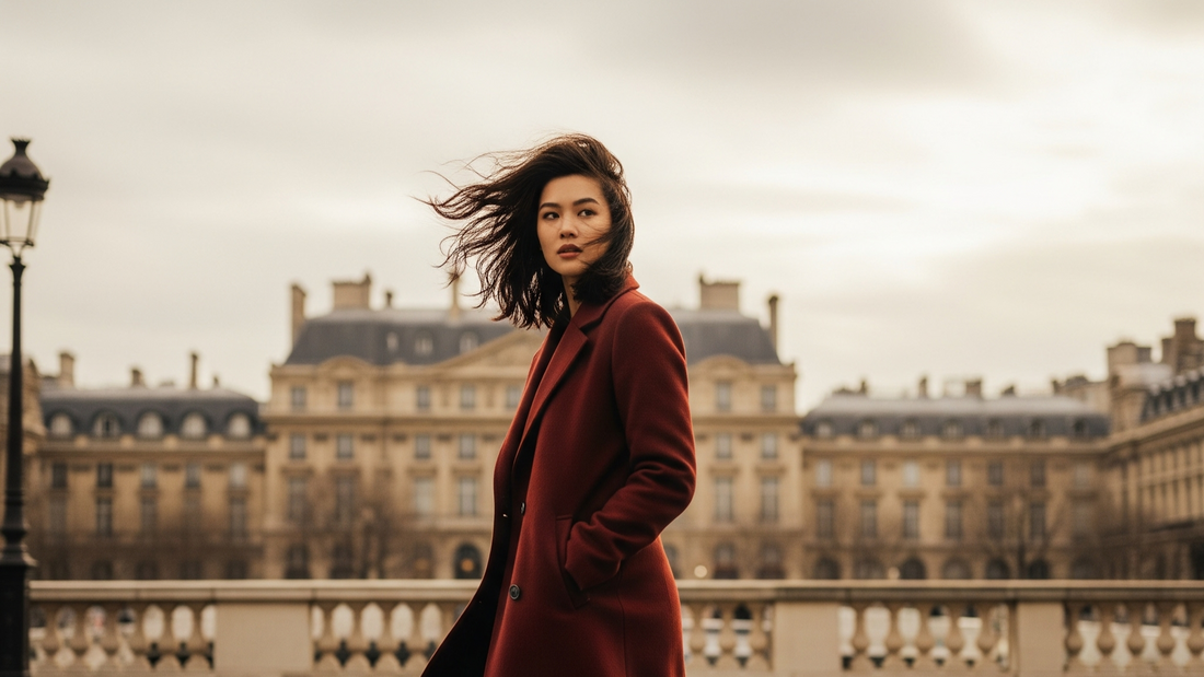 Woman in a red coat walking on a stone pavement with classical architecture in the background