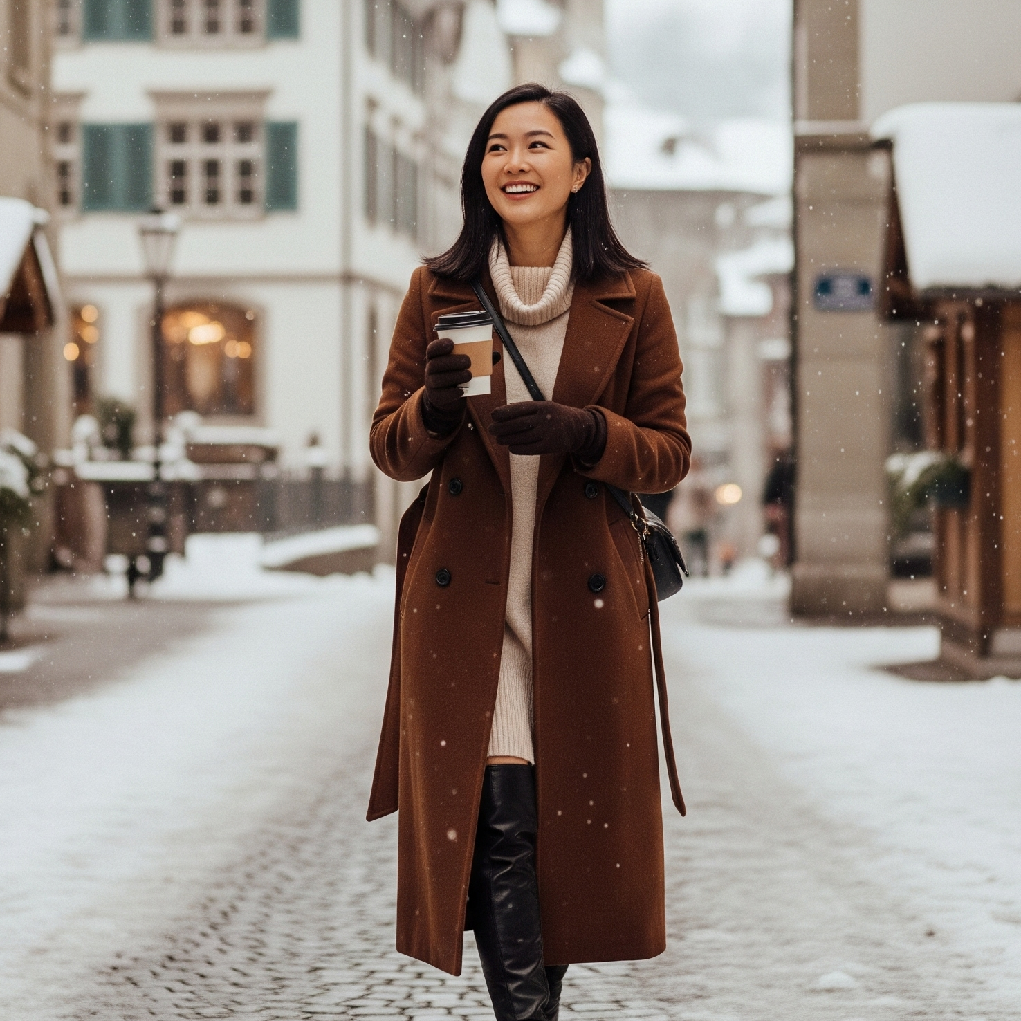 Woman in a brown coat walking down a snowy street in a European town.