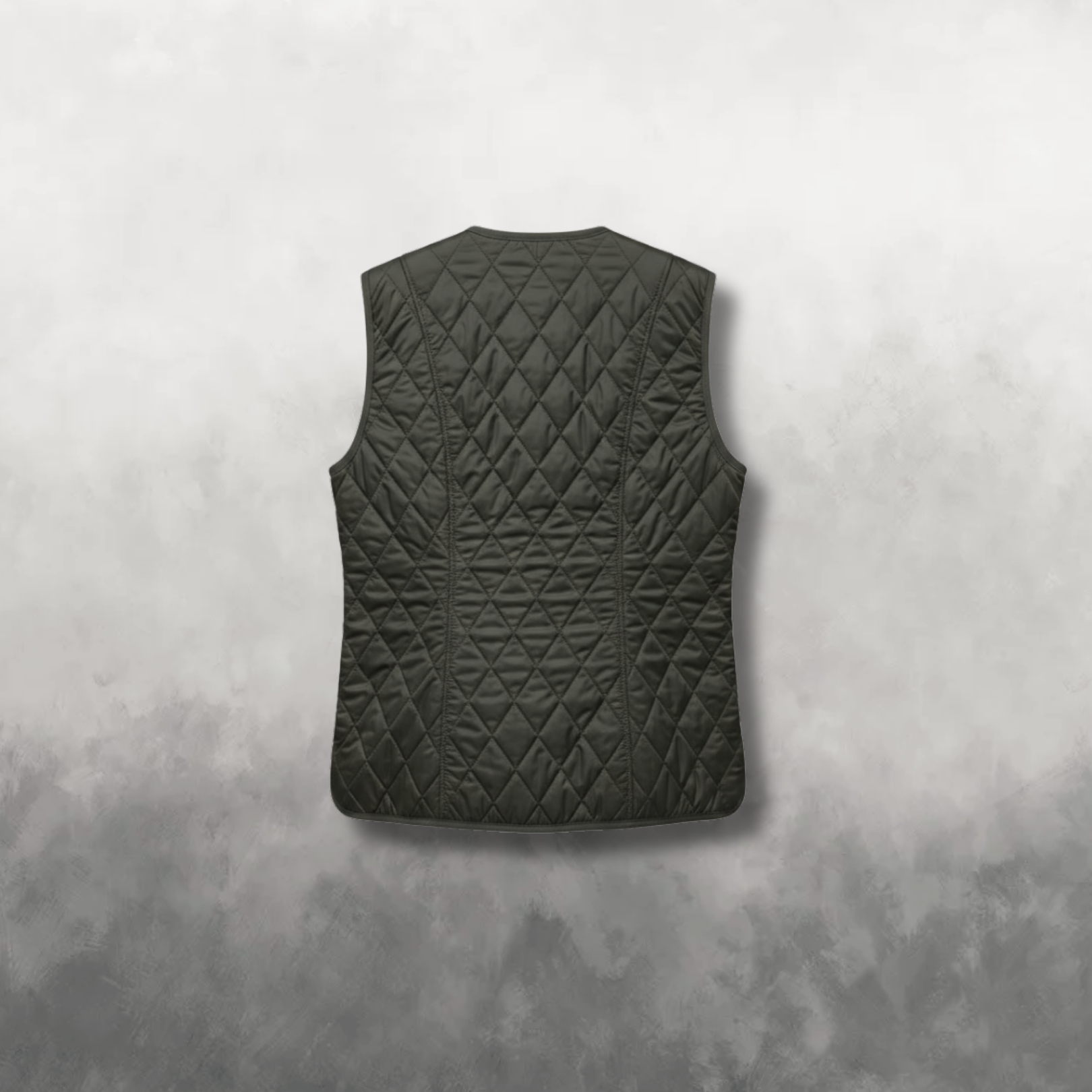 Back view of a dark green quilted vest on a gray background