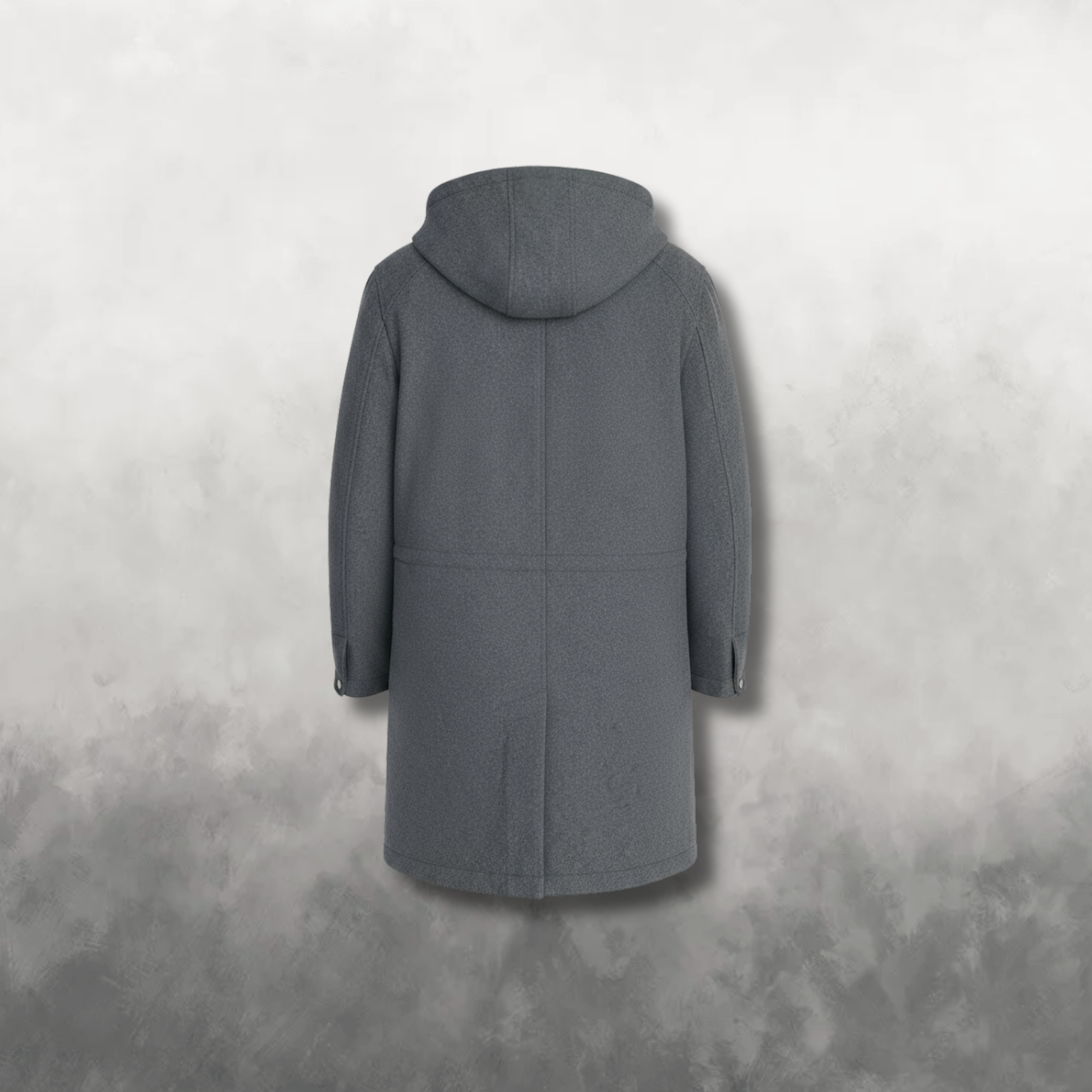 Back view of a gray coat with a hood on a gray background