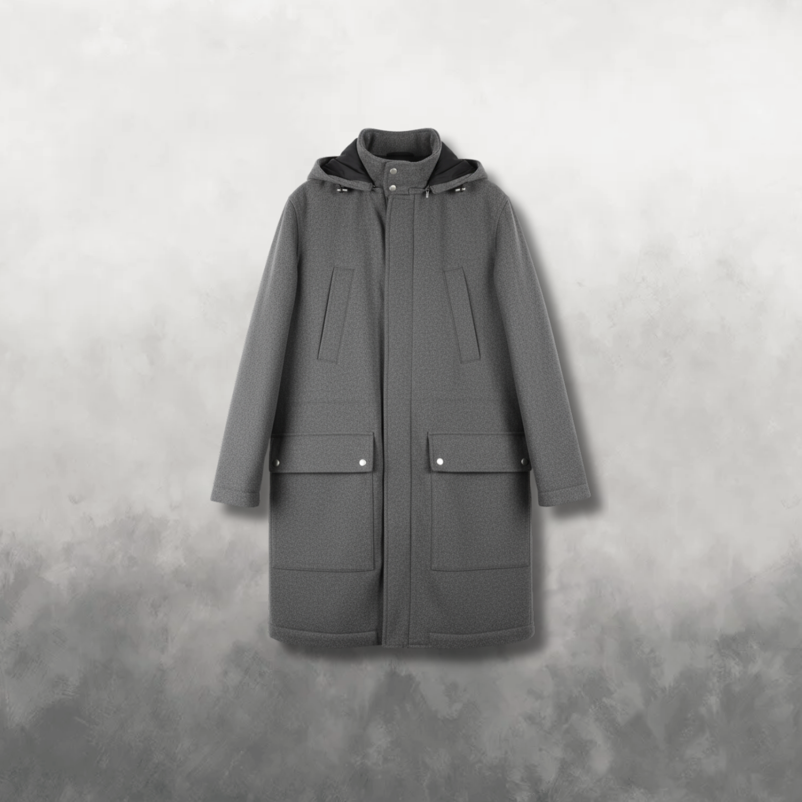 Gray parka coat with a hood on a gray background