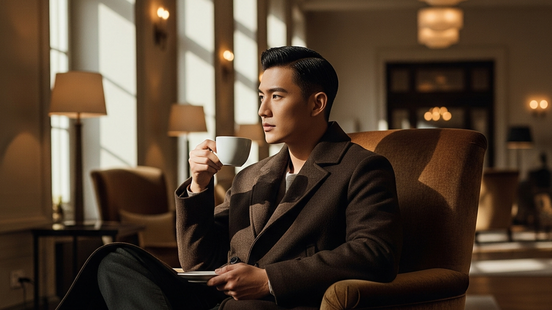 Man in a suit sitting in a chair holding a cup in a warmly lit room.