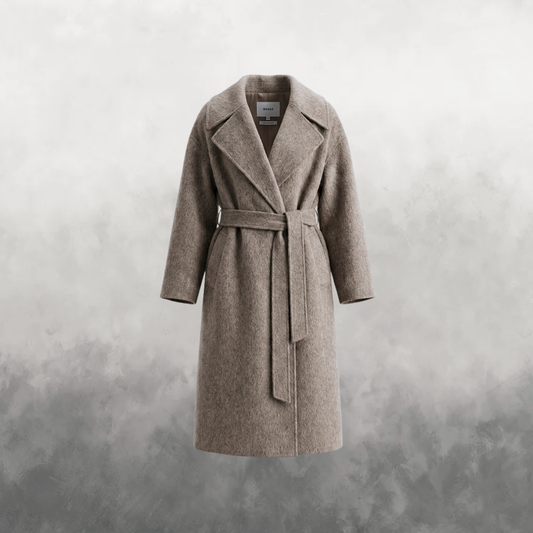 Brown coat with a belt on a textured gray background
