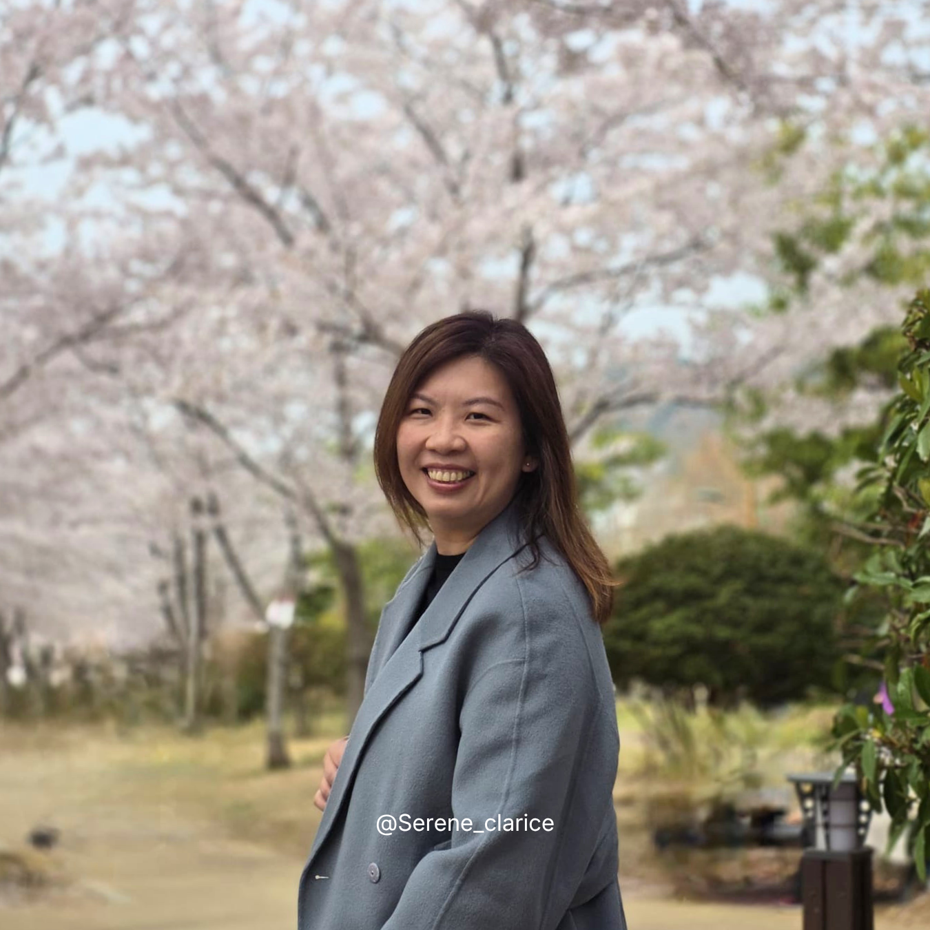 Woman in a ash blue coat standing in front of cherry blossom trees
