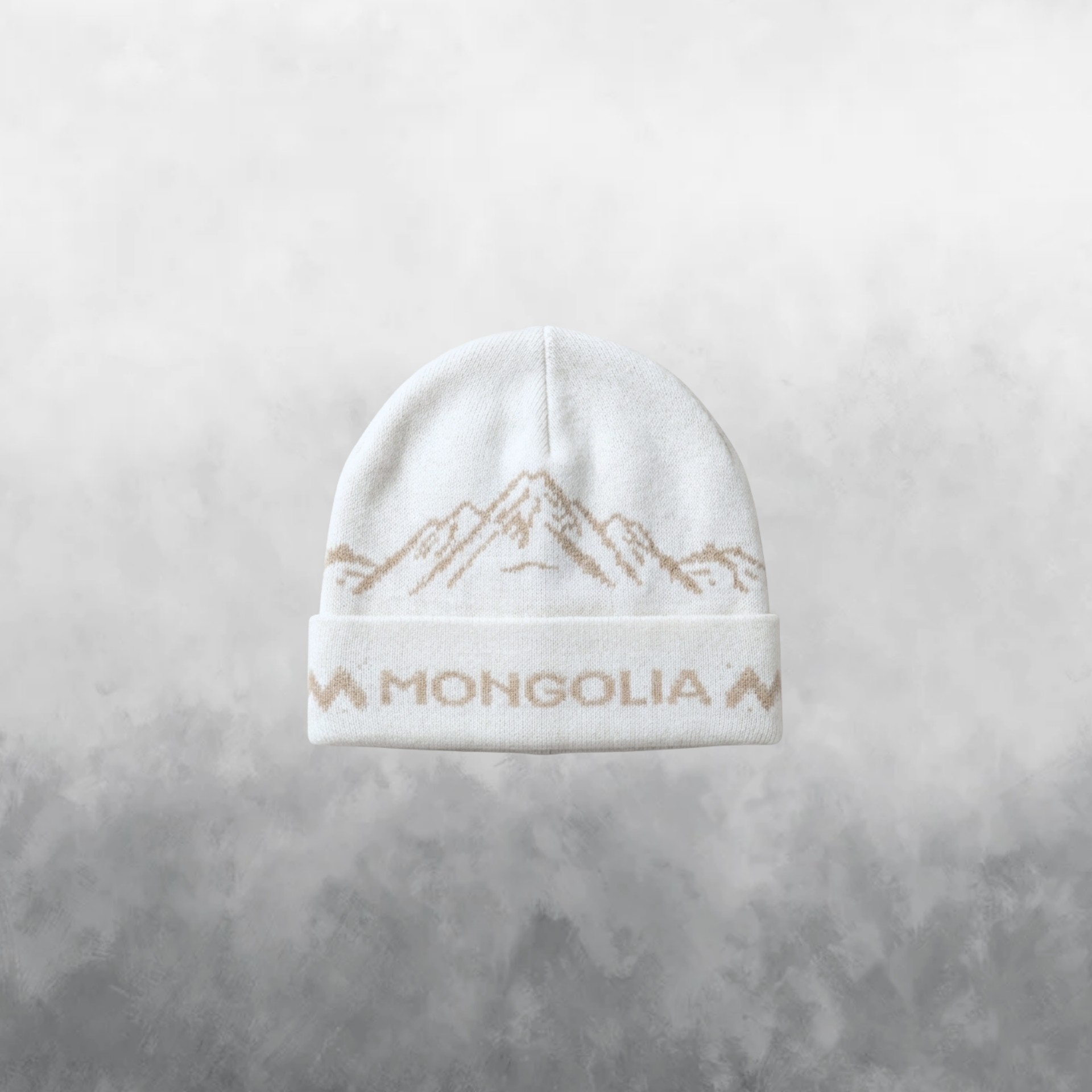 White beanie with mountain design and 'Mongolia' text on a light gray background