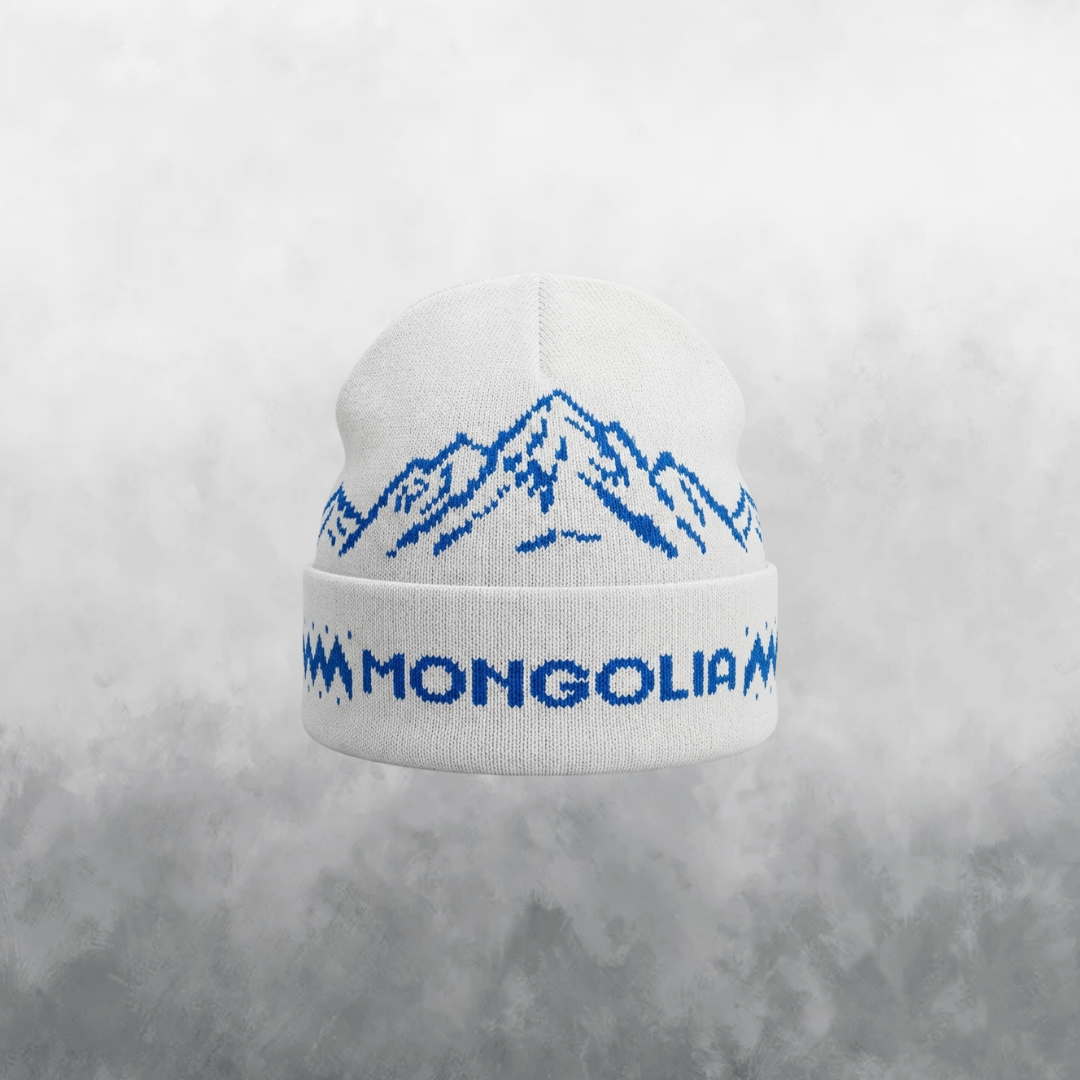 White beanie with blue mountain design and 'Mongolian' text on a gray background