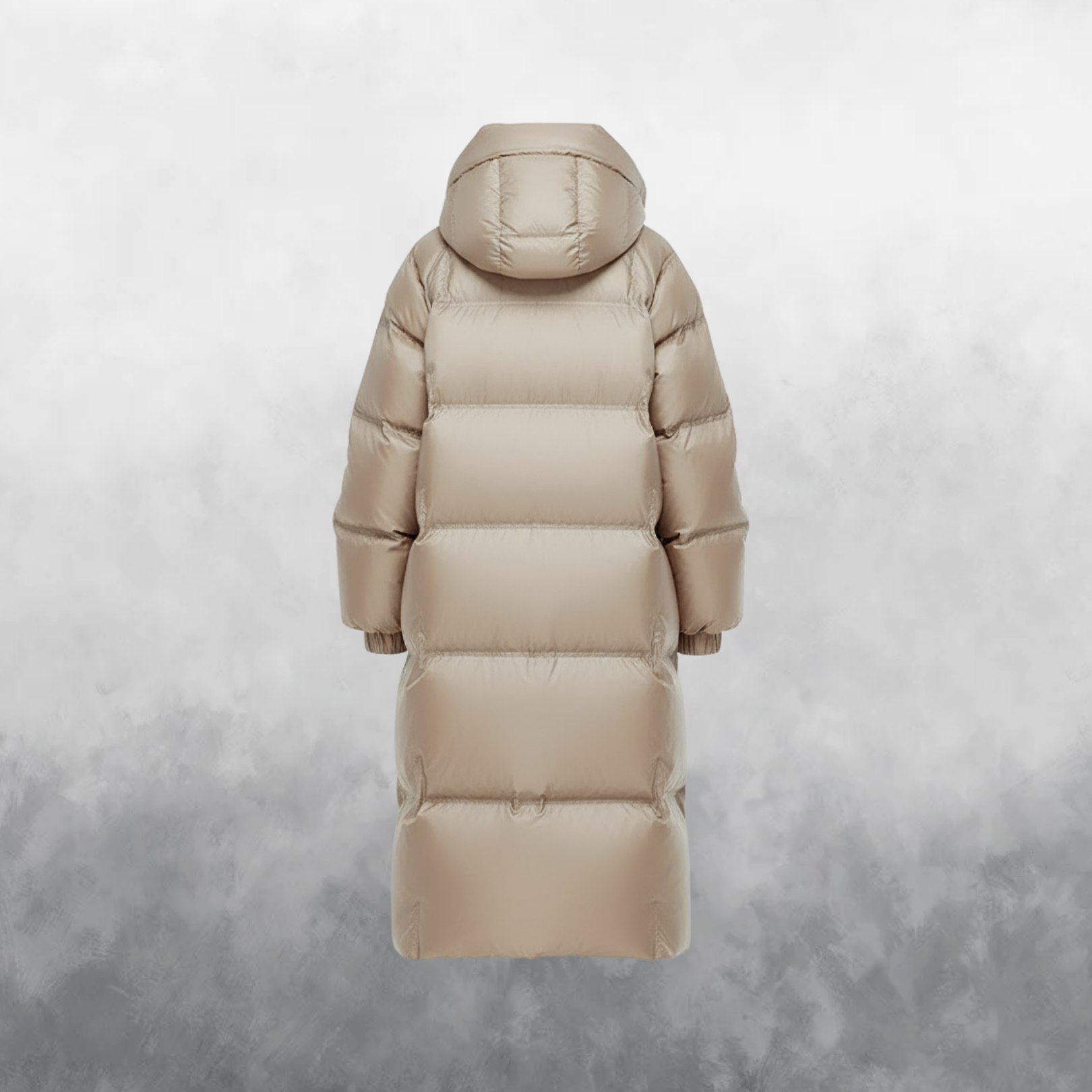 Beige puffer coat on a textured gray background
