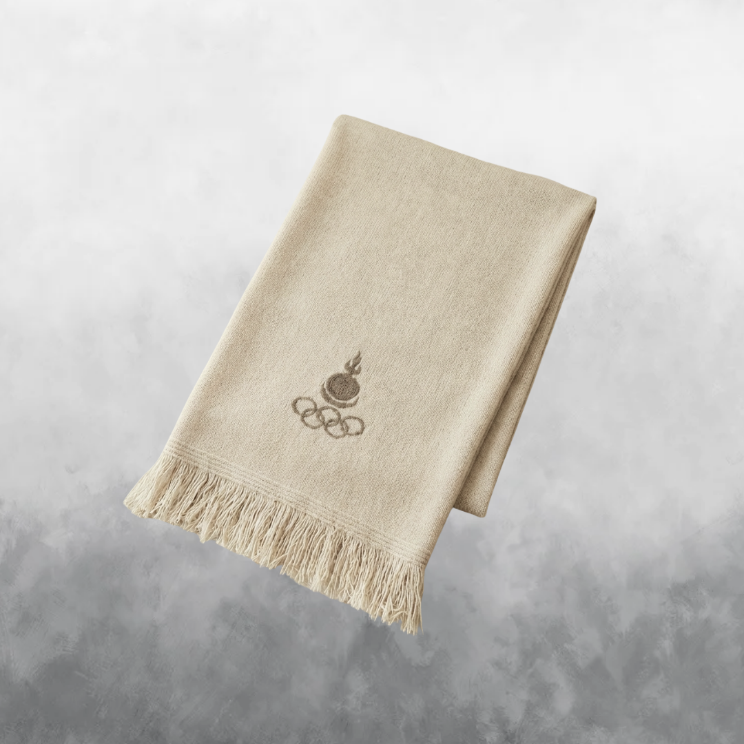 Beige scarf with a mongolia olympic logo with a background