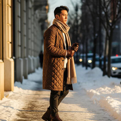 Man in a brown quilted coat and scarf walking on a snowy street.